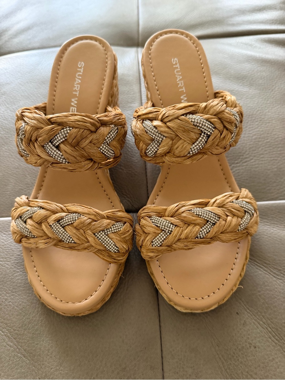 Stuart Weitzman Lana Braided Woven Wedge Sandals with rhinestones